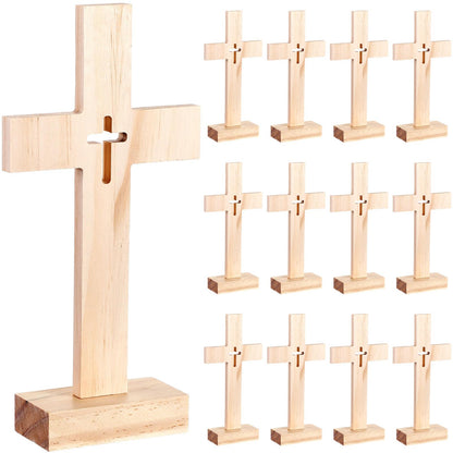 Suzile 12 Pieces Christmas Nativity Wooden Cross Unfinished Wood Tabletop for Crafts Standing Centerpieces Easter Church Sunday School First Communion Baptism Decorations (Hollow Out)