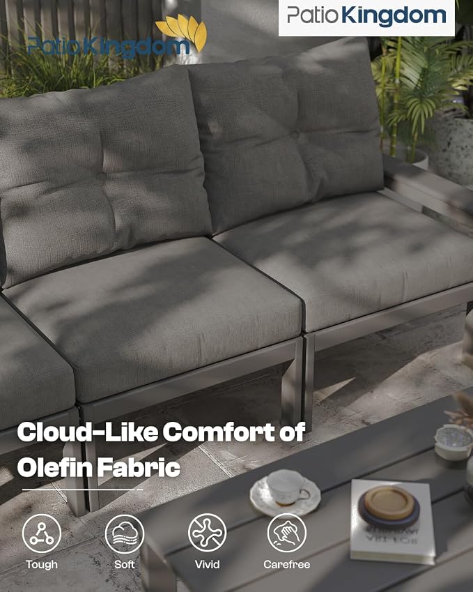 HDPE Outdoor Patio Furniture Set, 10-Piece Patio Conversation Set with 3-Seat Sofa, 4 Armchairs, 2 Side Tables & 1 Coffee Table, All-Weather Outdoor Sofa Set for Deck, Porch, Garden (Grey Frame)