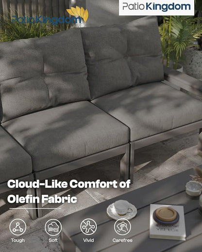 HDPE Outdoor Patio Furniture Set, 10-Piece Patio Conversation Set with 3-Seat Sofa, 4 Armchairs, 2 Side Tables & 1 Coffee Table, All-Weather Outdoor Sofa Set for Deck, Porch, Garden (Grey Frame)