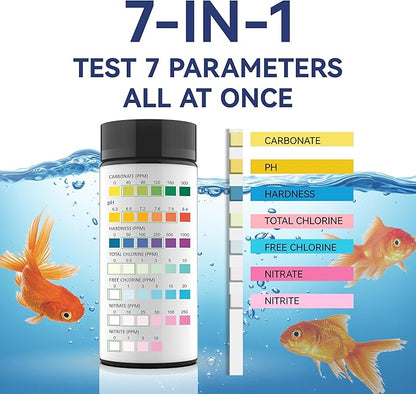 Aquarium Test Kits(100 Strips)-7 in 1 Fish Tank Water Freshwater&Saltwater Quality Test with pH, Carbonate, Alkalinity, Hardness, Chlorine, Nitrite, Nitrate