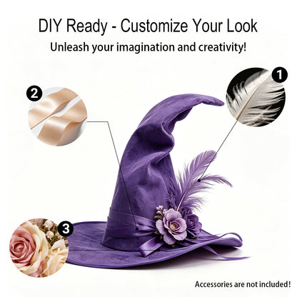 VZQI Womens Witch Hat Faux Suede Halloween Costume Accessory 18 Inch Wide Brim 8 Colors DIY Friendly Party Cosplay Purple