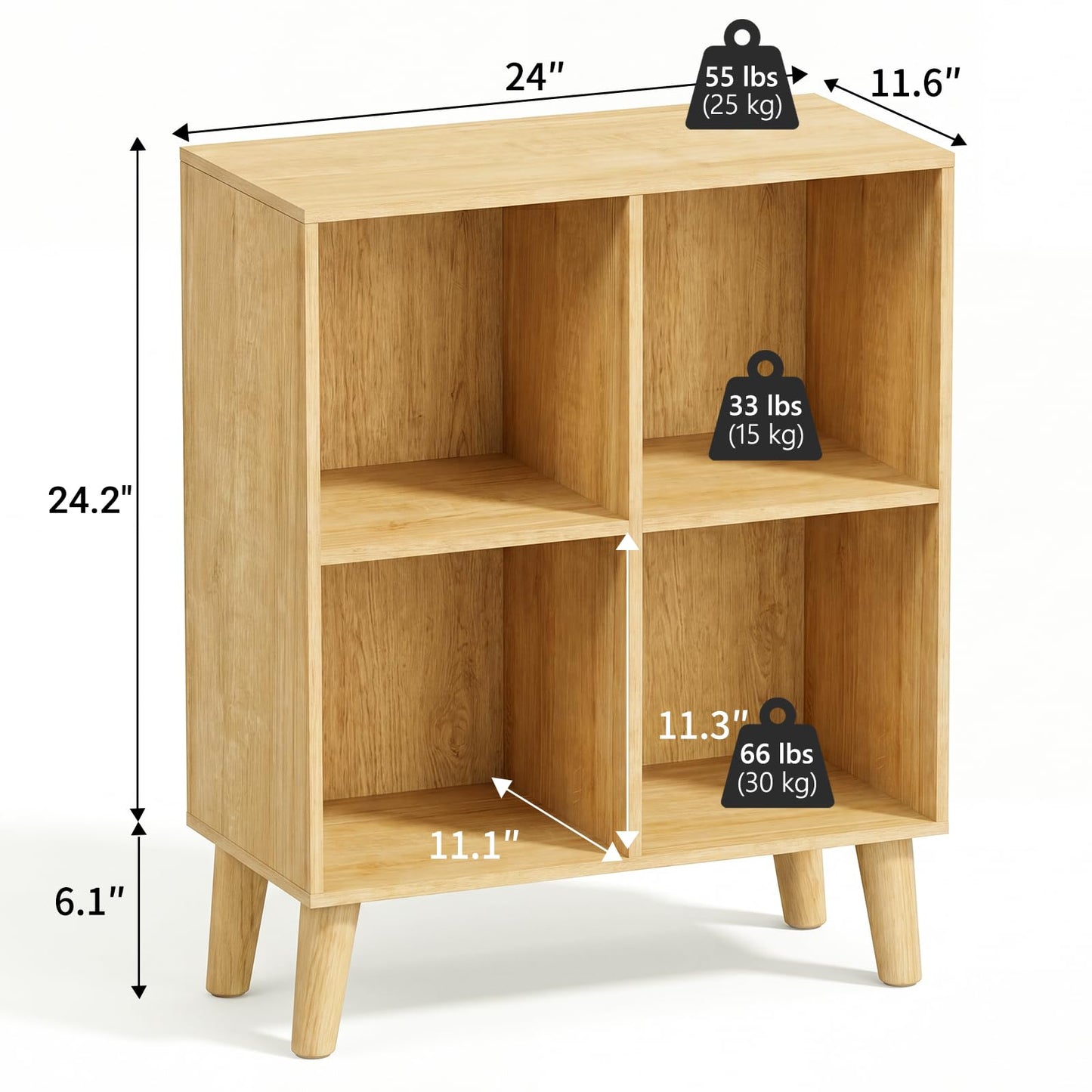 VAFHYLLIS 4 Cube Storage Organizer with Legs, 2 Tier Cube Low Bookcase Freestanding Storage Display Organizer for Home Office, Four-Cubes Open Shelf Short Bookshelf (Natural Oak, 4 Cube)