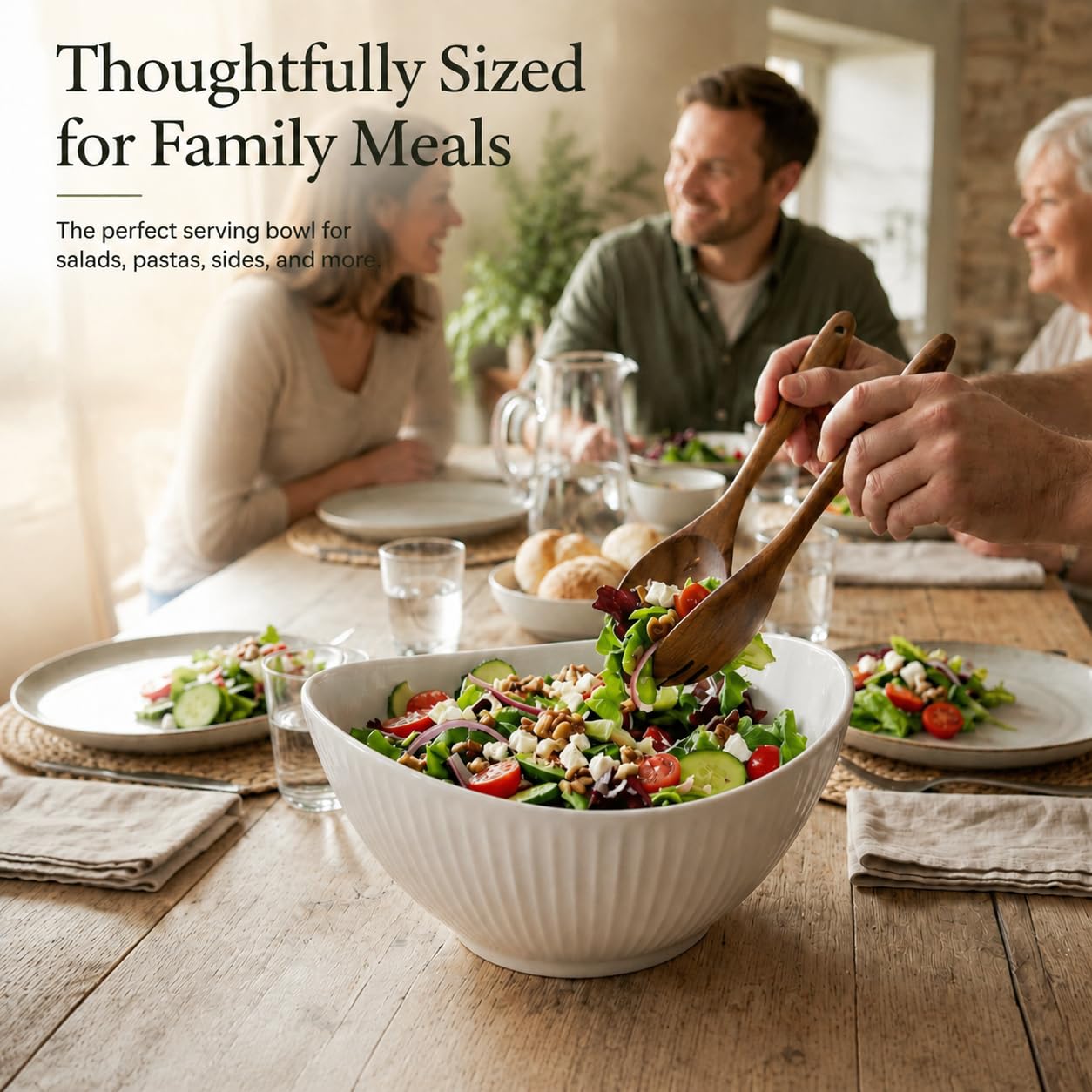 Hoilse 60oz Large Ceramic Salad Bowl with Acacia Wood Utensils, 10" Oval White Serving Bowl for Soup, Pasta, Fruit, Snacks – Mixing Bowls for Entertaining, Party, Kitchen, Dinner – Housewarming Gift