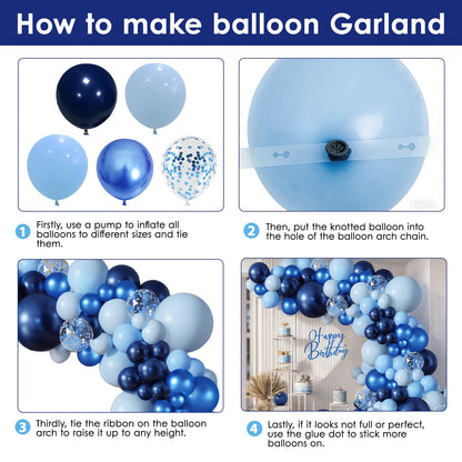 Blue Balloon Arch kit, Navy Dark Metallic Blue and Matte Light Blue Balloons Garland with Blue Confetti Latex Balloons for Birthday Wedding Anniversary Gender Reveal Party Decorations