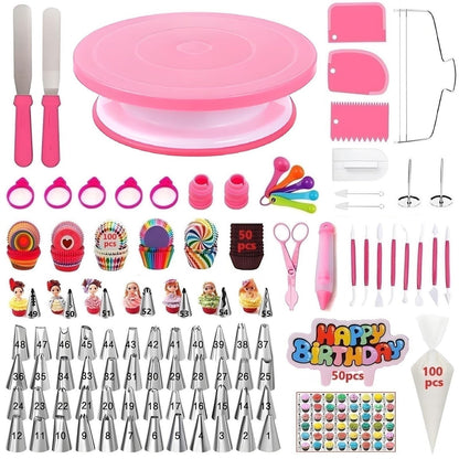 YOQXHY Cake Decorating Kit, 390 Pcs Baking Supplies Tools with Cake Turntable, Leveler, 55 Numbered Icing+Skirt Tips, 2 Spatulas, 3 Scrapers, 100 Pastry Bags,150 Cupcake Liners & More, (Pink)