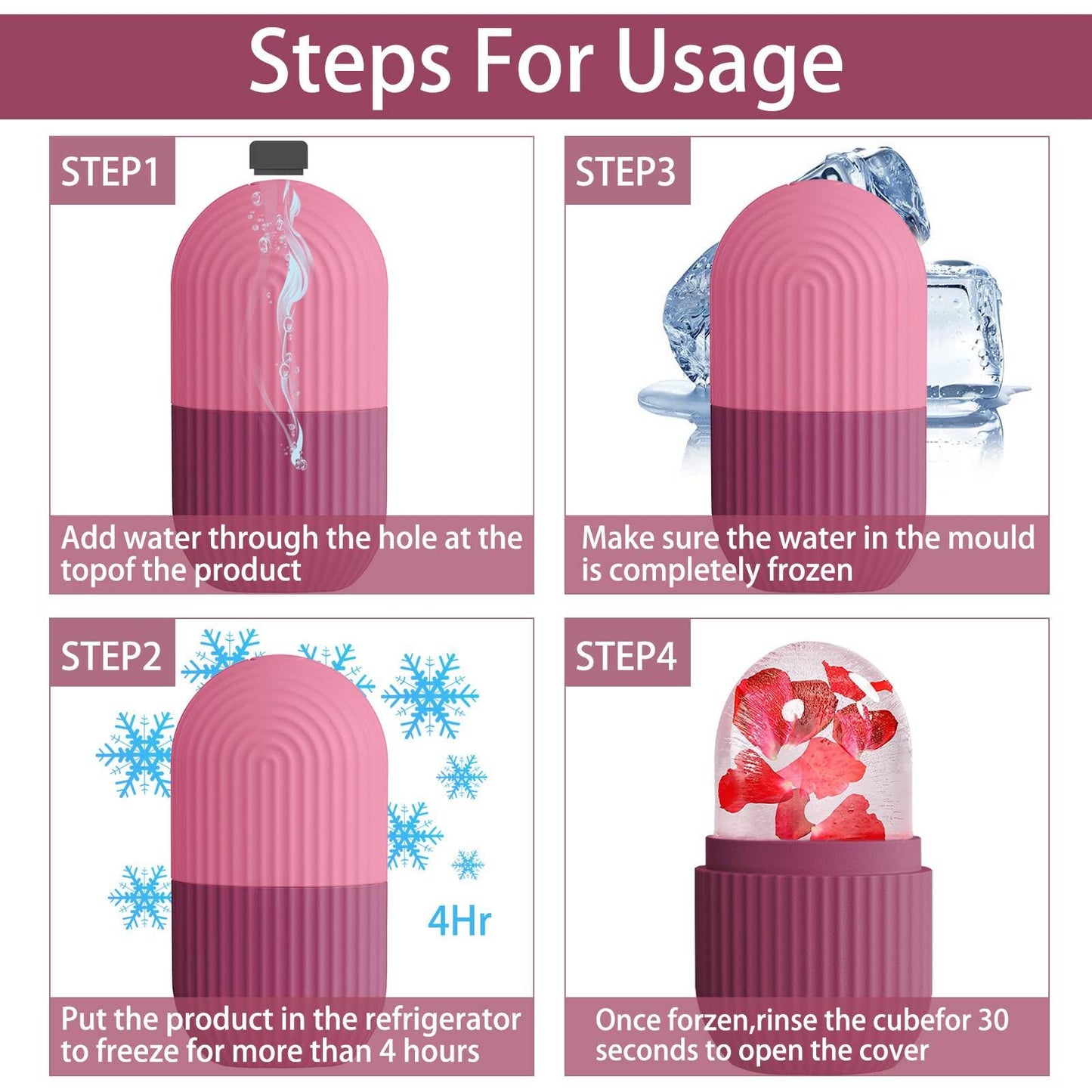 XHJRI Ice Cube Roller Massager for Face, Eyes and Neck Naturally Conditioning and Skin Care,De-Puff Eye Bags,Reduce Migraine Pain,Reusable Massage Silicone Ice Mold (Pink)