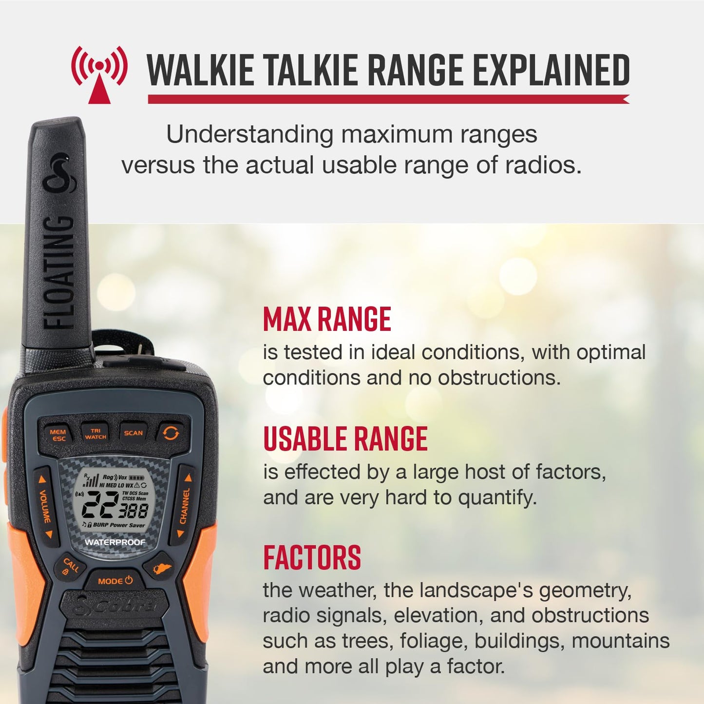 Cobra RX680 Walkie Talkies (2-Pack) - Rugged & Splashproof Two Way Radios Long Range, IP54 Water Resistant Design, 60 Pre-Programmed Channels, Weather Alerts, Included Charging Dock (Black/Orange)