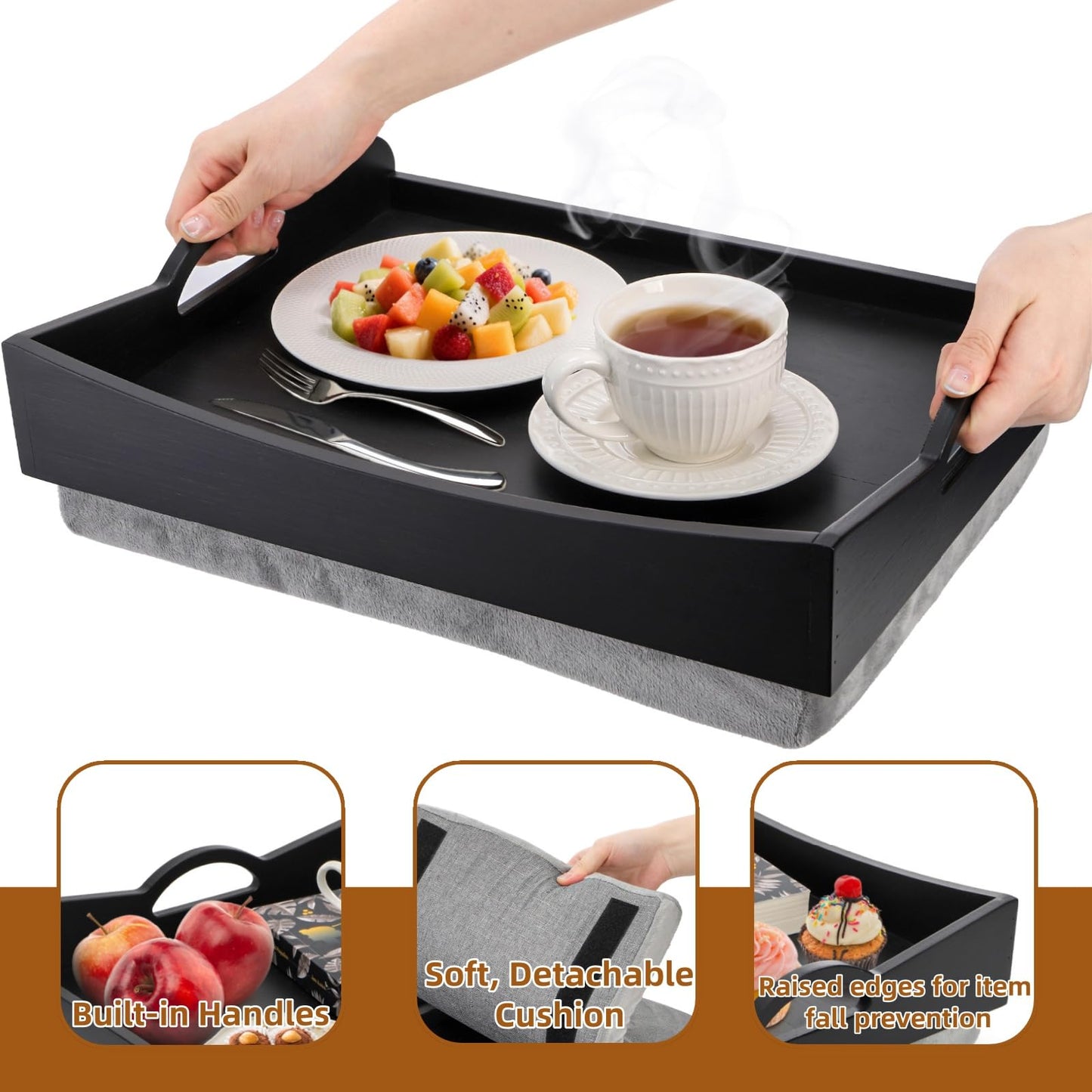 ELFULLY Lap Tray with Detachable Cushion, 16" x 12.5" Bamboo TV Bed Trays Table, Serving Tray with Handle for Adults Elderly Eating Food Breakfast Dinner in Recliner Couch Car