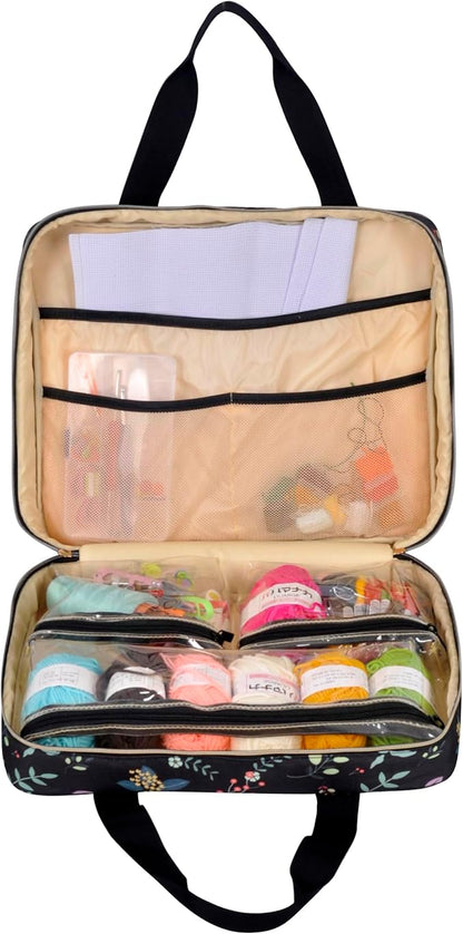Portable Square Cross Stitch Starter Kits Bag Embroidery Project Bag Embroidery Tool Storage Tote Bag with Multifunctional Pockets, Bag Only (Black Leaves)