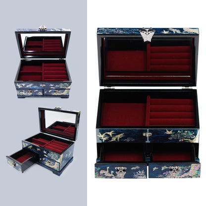 MADDesign Mother of Pearl Lacquered Jewelry Box Two Level Cranes Blue