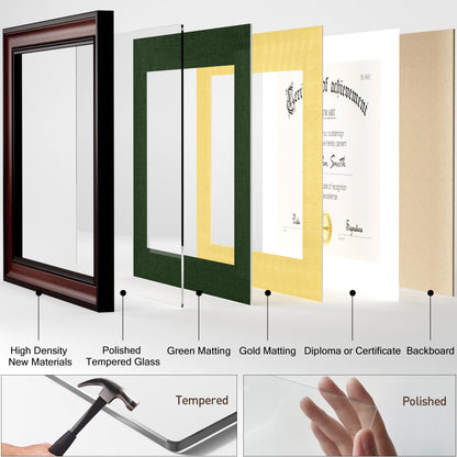 Yaetm 11x14 Diploma Frame, Certificate Frame with Tempered Glass, Display 8.5x11 Document with Dark Green Over Gold Acid-free Mat or 11 x 14 without Mat, Wide Molding (Single, Mahogany/Green)