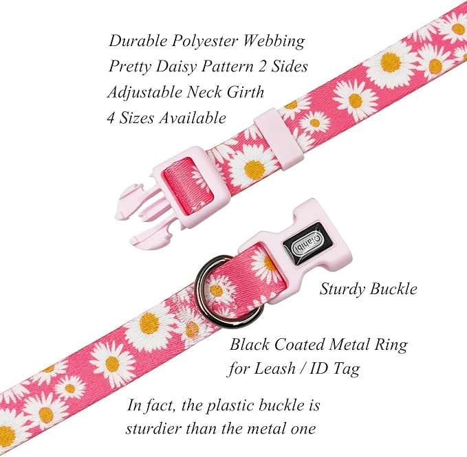 Dog Collar and Leash Set, Cute Pink Daisy Pattern, Polyester Material, 5ft Leash, for Large Dogs.(Large, Pink Daisy)