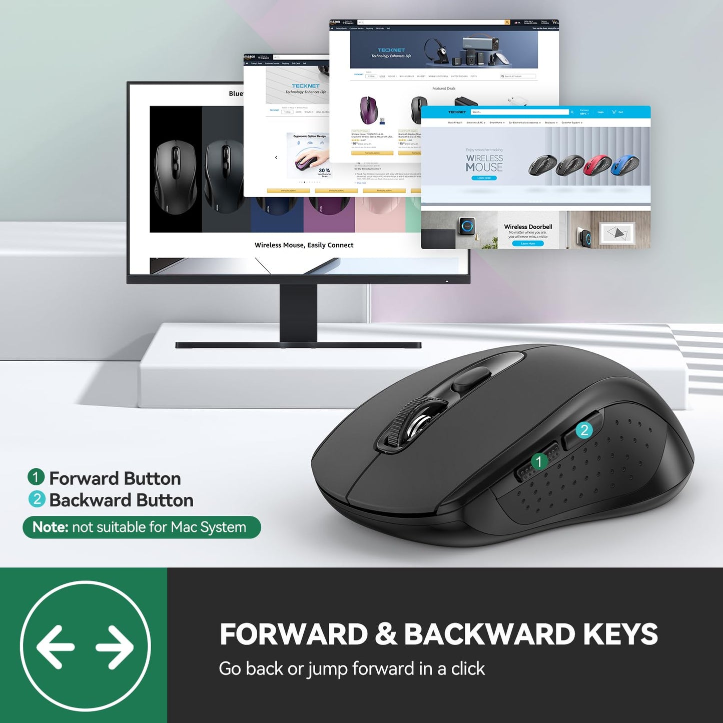 TECKNET Wireless Mouse for Laptop, Silent Bluetooth Mouse(BT5.0 & 2.4G) 4000DPI Adjustable, Computer Portable PC Quiet Mice with USB-A Receiver & 6 Buttons for Mac, 18 Months Battery