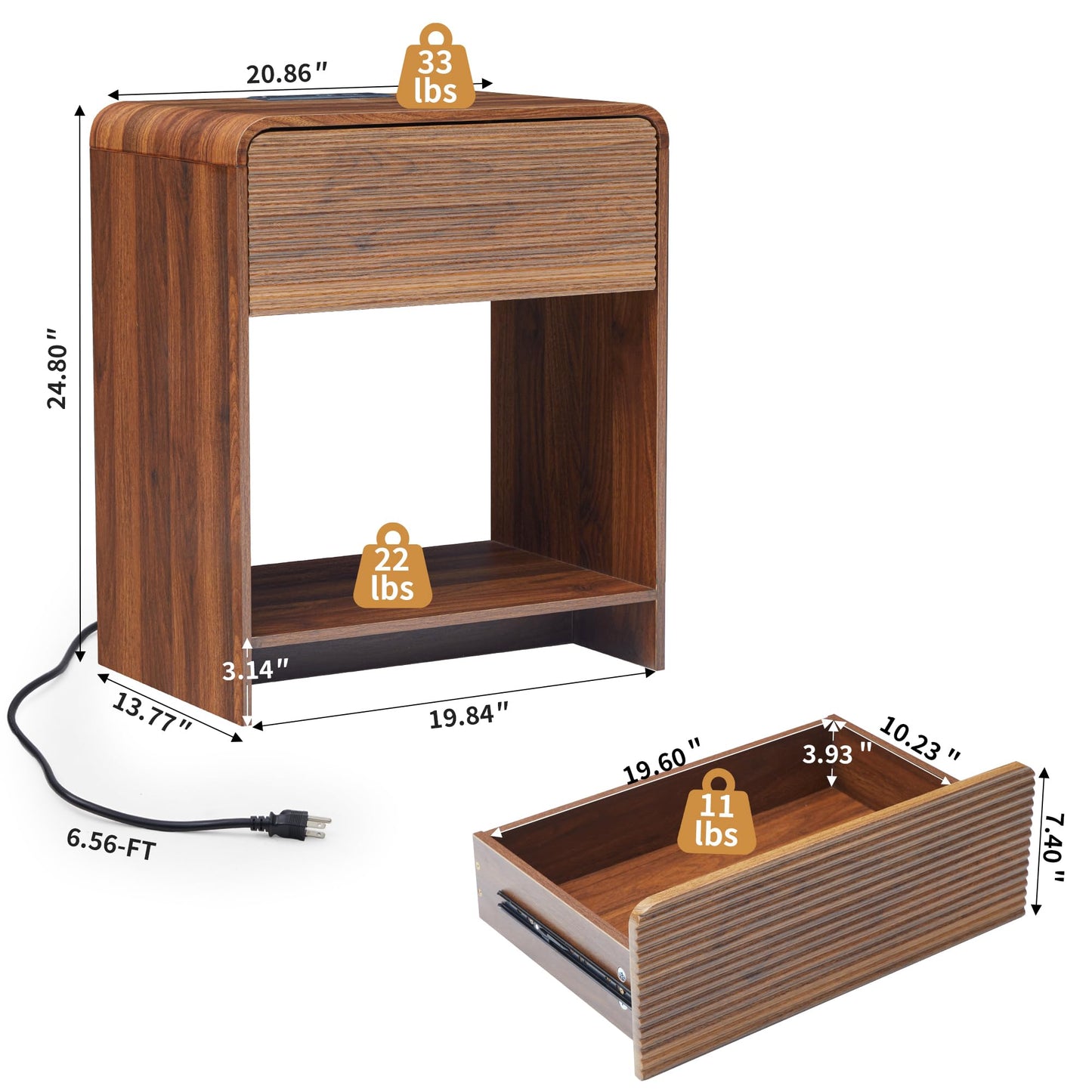 XUZENEST Fluted Nightstand with Charging Station, Mid Century Modern Bed Side Table End Table with Drawer Storage, Large Wooden Night Stands Bedside for Bedroom Living Room Sofa Office, Walnut