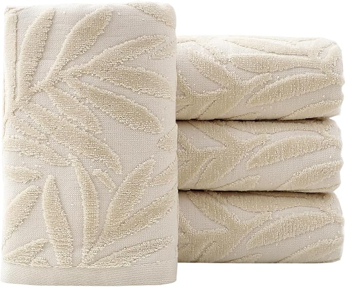 Pidada Hand Towels Set of 4 Leaf Pattern 100% Cotton Absorbent Soft Decorative