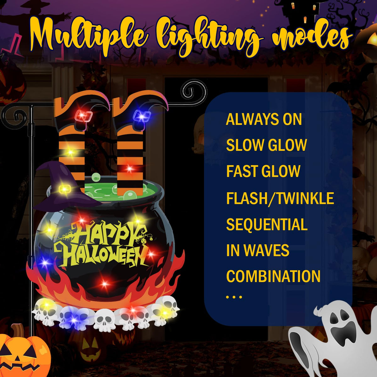 GOAUS Halloween LED Garden Flag Light Up Solar Powered, Witch Cauldron Decorations Outdoor, Double Sided Oxford Decorative Flag for Lawn Yard Outside Decor, 12x18 Inches