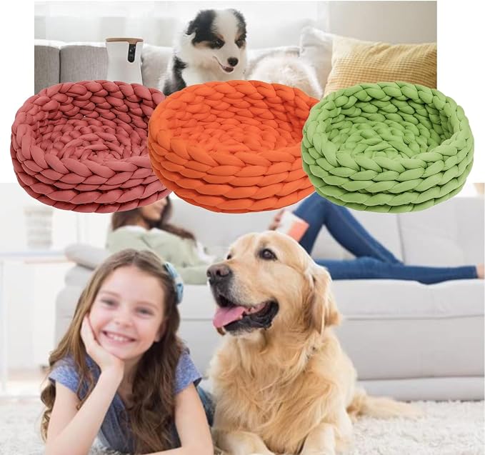 Woven Dog Bed Basket, Knitted Cotton Cat Bed Round Washable Woven Cat Pet Bed Chunky Dog Basket, Orthopedic, Chunky Knit Dog Nest,Dog Bed,Dog Cave,Dog Bedding(Red 1,19")