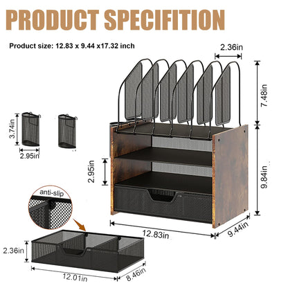 Boershun Wood Desk Organizer - 4-Tier Desktop File Organizer with Drawer, Wooden Paper Tray, Vertical File Holders & 2 Pencil Holders - Office Desk Organizer for Papers, Mail, Notebooks, Stationery