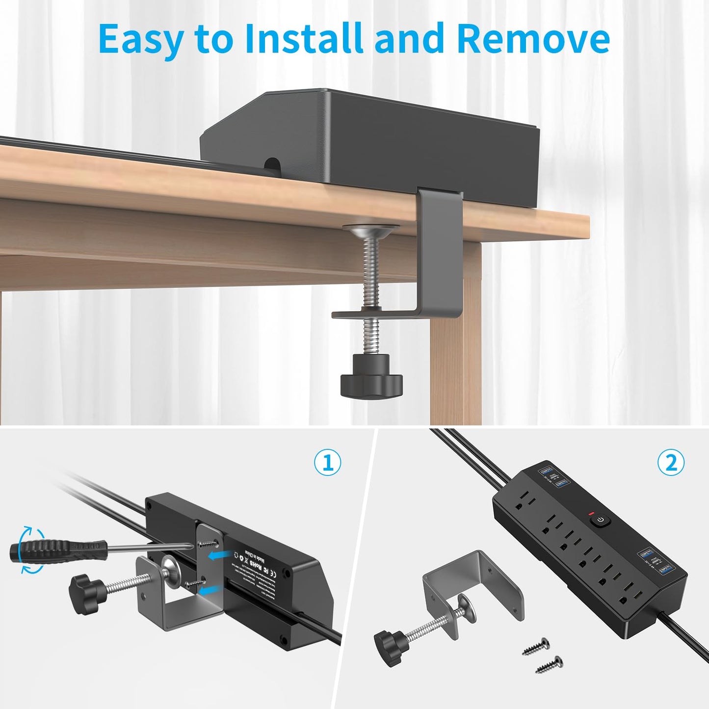 Desk Clamp Power Strip with 40W Fast Charging Station, JXGUCAT Removable Desk Clamp Mount Power Strip Surge Protector, 2 USB-C Ports, 6 AC Outlets and 10ft Cord, Fits 1.8" Tabletop Edge