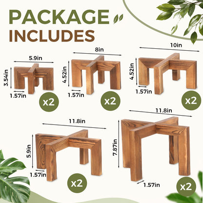 Marsui 10 Pack Wooden Plant Risers for Indoor 5 Sizes Plant Cross Leg Stand Set Carbonized Brown Solid Flower Pot Holders Display Stands for Living Room Balcony Farmhouse Decor (Pots Not Included)