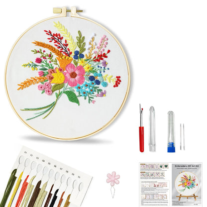 Huacan Embroidery Kit for Beginners Flower Pattern Printed Fabric with Hoop & Full Tools