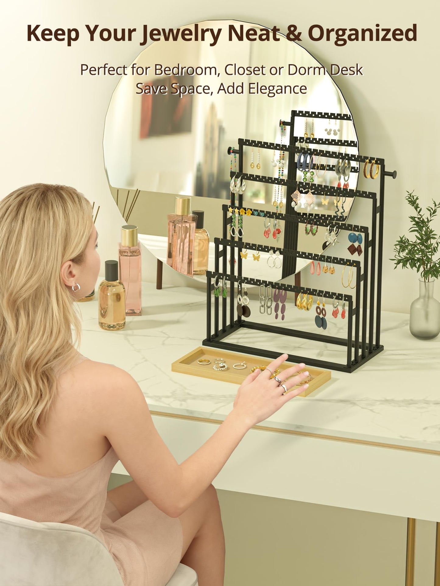 TIPSYTREE Earring Holder Organizer, 5-Tier Step Jewelry Display Stand with Metal Frame and Wooden Storage Organizer, Large Earring Holder for Studs, Hoops, Dangles, Modern Jewelry Organizer for Women
