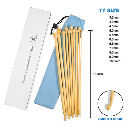 Tunisian Crochet Hooks Set (13 inches)- Lightweight & Smooth Tunisian Crochet Hook Set of Diameter 3.5 mm to 10 mm Bamboo Crochet Hooks - Long Crochet Hook Set w/Bag - Knit/Crochet Set