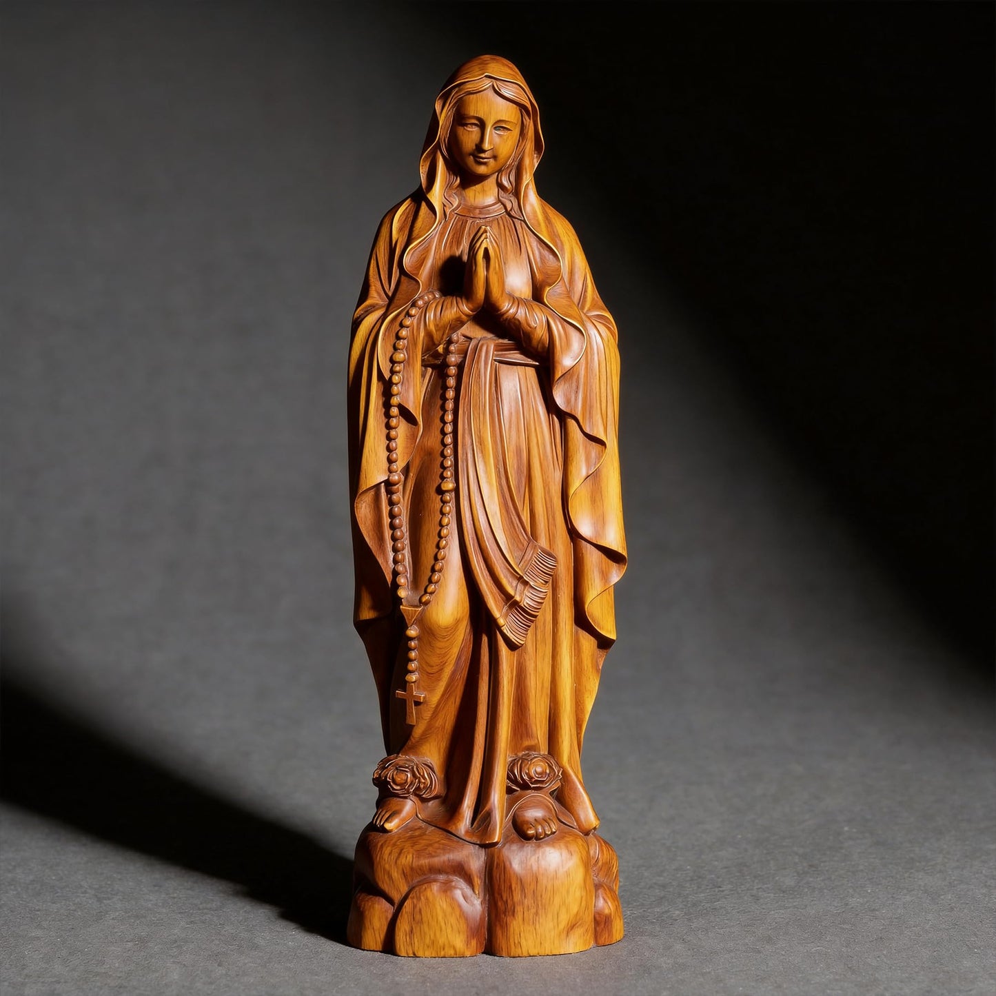 ASTARIKO Boxwood Our Lady of Lourdes Statue - 6" Hand-Carved Wooden Blessed Mother Virgin Mary Figurine with Rosary, Catholic Home Decor & Premium Healing Religious Gifts