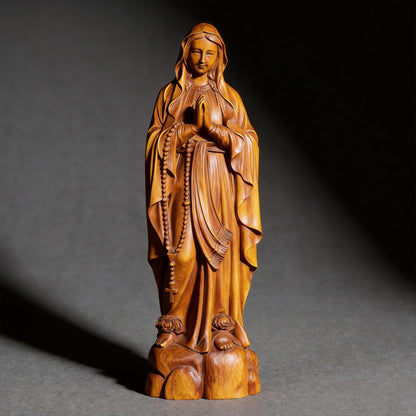 ASTARIKO Boxwood Our Lady of Lourdes Statue - 6" Hand-Carved Wooden Blessed Mother Virgin Mary Figurine with Rosary, Catholic Home Decor & Premium Healing Religious Gifts