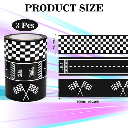 3 Rolls Black White Checkerboard Road Car Track Tape Checkered Flag Race Track Decorative Tapes for Box Scrapbook DIY Crafts Party Decorations,2Inches x 109Yards