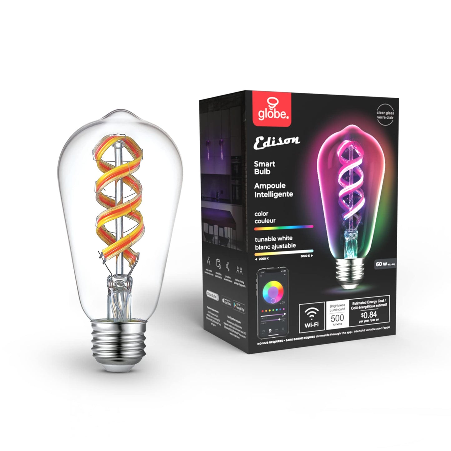 GLOBE Electric 34919 Wi-Fi Smart 5.5W (60W Equivalent) Straight Filament Tunable White Amber Glass LED Light Bulb, No Hub Required, Voice Activated, 2000K - 5000K, Vintage Edison Style, 500 Lumns