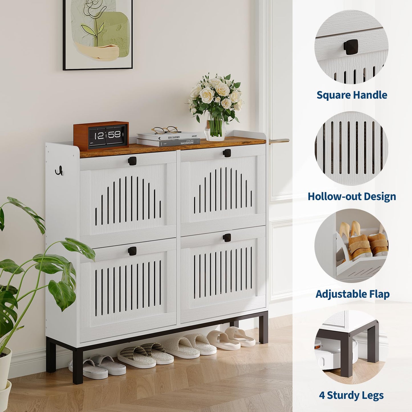 Garvee Shoe Cabinet with 4 Flip Drawers, Freestanding Shoe Organizer with Adjustable Shelves & Sturdy Legs, Narrow Wooden Shoe Rack for Entryway, Hallway, Living Room, White