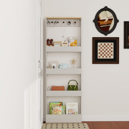 Locsear Behind the Door Bookshelf - Ultra Slim Hidden Storage Cabinet for Kids Room | 4-Tier White Wooden Bookcase with Hooks