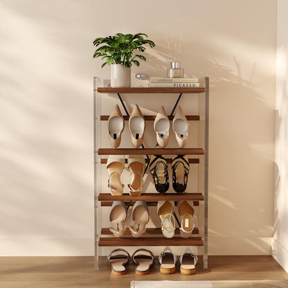 YQJJGL Shoe Rack, 4-Tier Slanted Shoe Shelf with Wooden Top Panel, Solid Wood and Acrylic Shoe Organizer Rack, Shoe Storage Rack Ideal for Entryway, Bedroom, Closet and Living Room (Walnut 19.5" W)