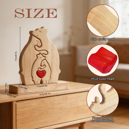 Personalized Wooden Bears Family Puzzle with Heart Decorations, Blank Bear Sculptures with Base for Home Decor, Housewarming Birthday Gift for Parents (4 Bears)