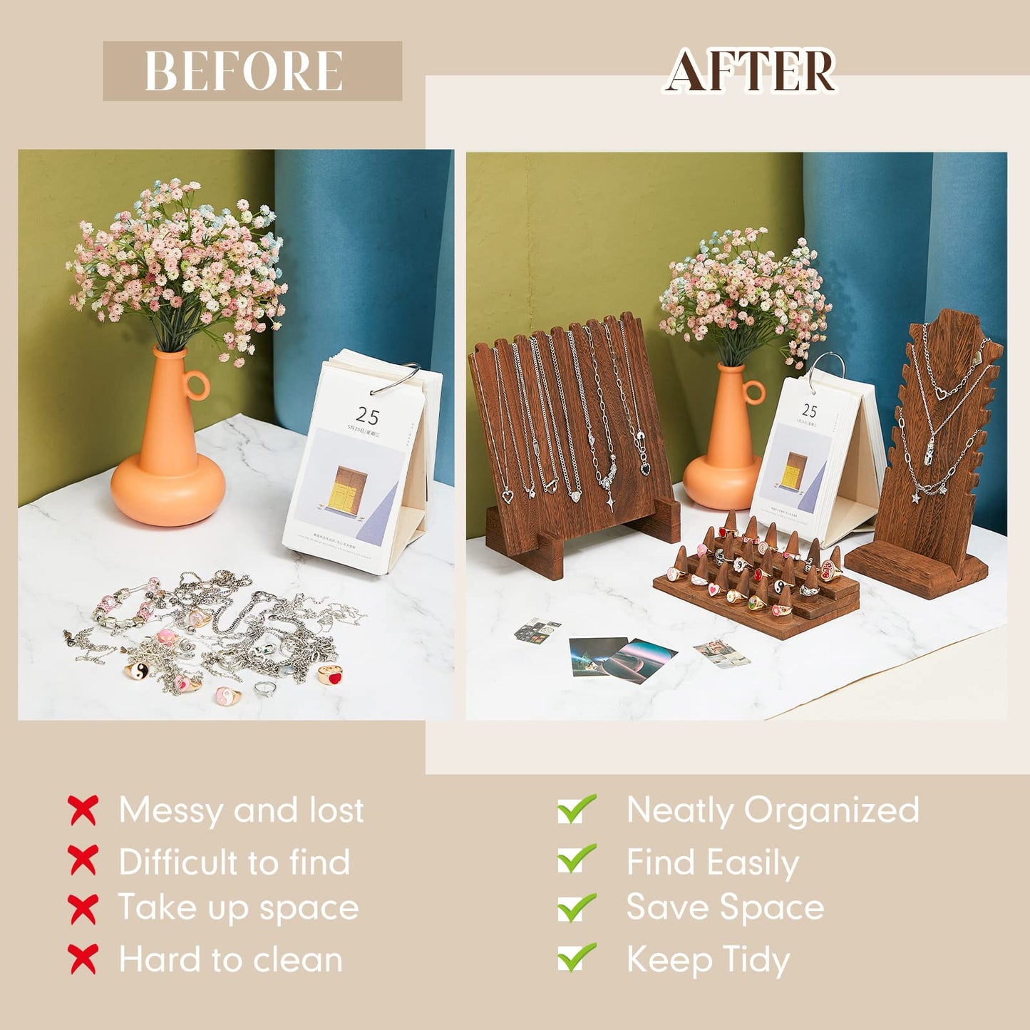 Jerify 4 Pieces Wood Necklace Display Holder Wood Plank Necklace Jewelry Display Ring Display for Selling Necklace Holder Stand Finger Ring Display for Jewelry Showcase Storage Home Display