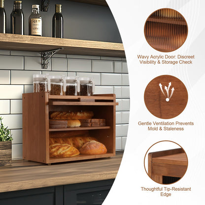 OCSERMIR Wooden Bread Box for Kitchen Countertop, 2 Tier Bread Storage Container with Acrylic Door, Adjustable Shelf, Ventilation Holes, Brown