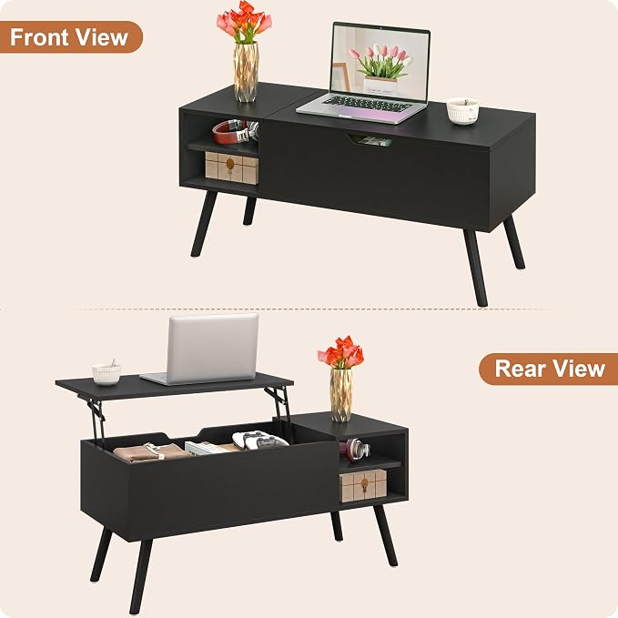 ALINE FURNITURE Black Lift Top Coffee Table with Hidden Storage Compartment, Solid Wood Legs & Open Shelves - 40" Pop Up Coffee Tables for Living Room