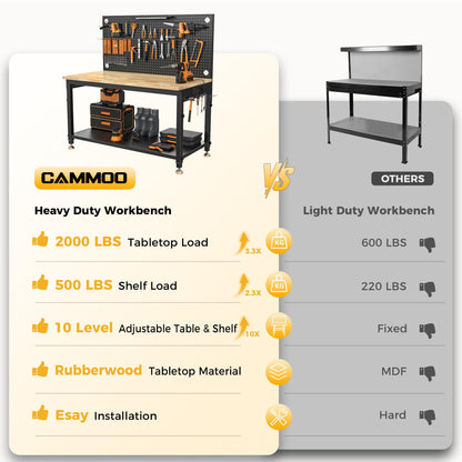 CAMMOO 48" Heavy Duty Work Bench Adjustable Height Max Load 2000 LBS with Storage Shelf for Garage Workbench, Rubberwood Tabletop with Pegboard, LED Light, Built-in Power Strip for Woodworking Shop