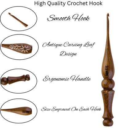 Crochet Hooks Set of 13-3.5mm to 12mm - Hand Carved Wooden Hook with Leaf Design - Ergonomic Soft Grip for Arthritic Hands - Crochet Accessories (Set of 13)