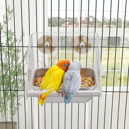 Hypeety Transparent Bird Feeder No Mess Parakeet Feeder for Cage Clear Bird Cage Feeders with Anti-Slip Perch Stainless Steel Food Bowl for Parakeets Parrots Budgies Lovebirds Cockatiels Conures