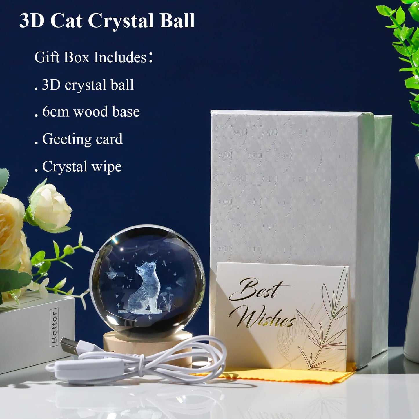 Arikyrist 3D Crystal Cat Figurines with Wooden Light Base, 80mm Crystal Ball Decor, Laser Engraved Glass Sphere Cat Gifts