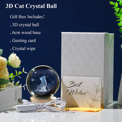 Arikyrist 3D Crystal Cat Figurines with Wooden Light Base, 80mm Crystal Ball Decor, Laser Engraved Glass Sphere Cat Gifts
