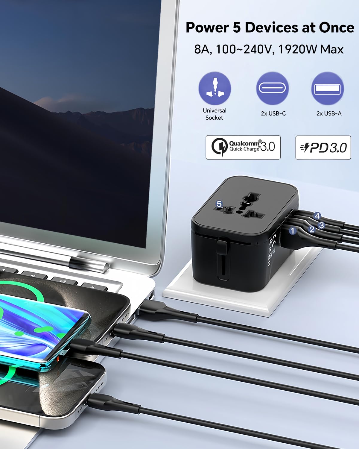Universal Travel Adapter Worldwide, GaN Fast Charging with PD 3.0 USB-C & USB-A Quick Charge Ports, All-in-One International Power Plug Adapter Converter AC Wall Charger for Europe USA UK AUS Black