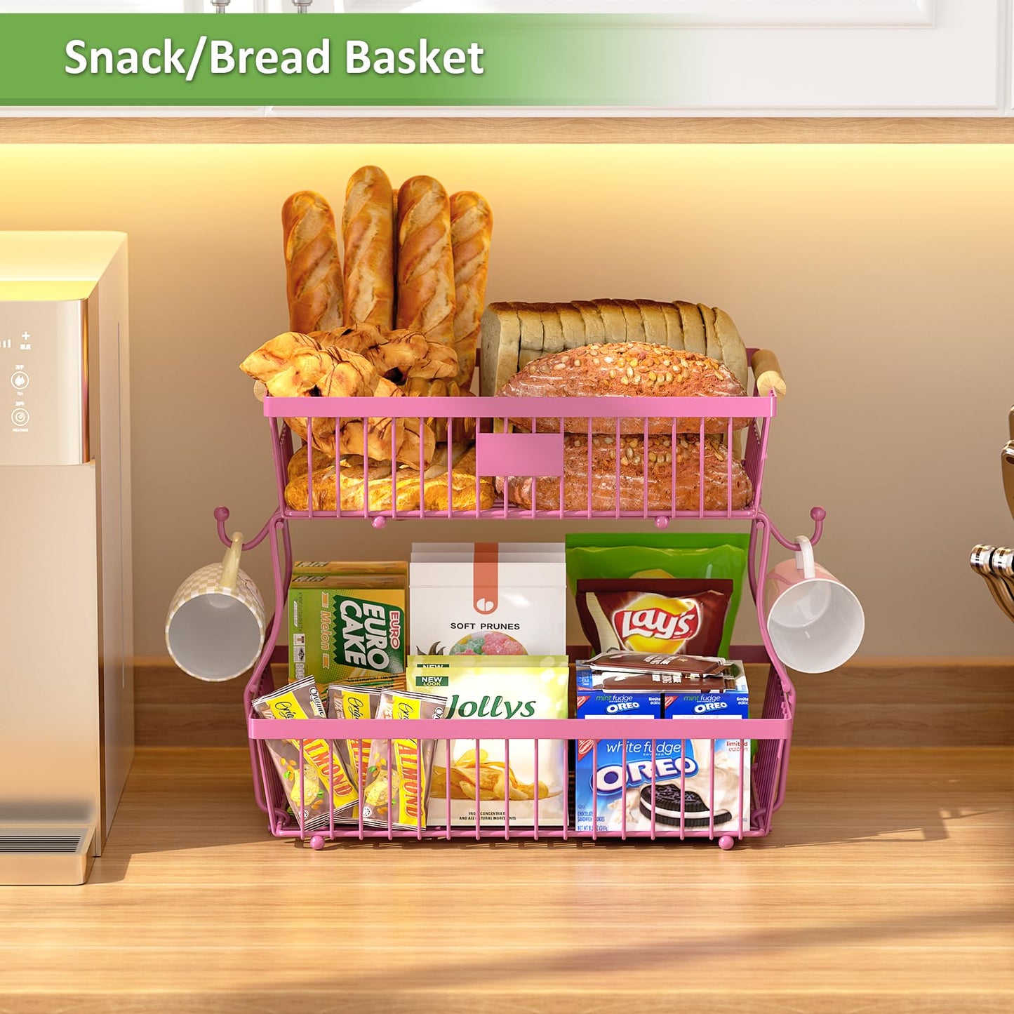 2 Tier Fruit Basket for Kitchen Counter with 2 Banana Hangers, Countertop Metal Fruit Bowl with Wooden Handle, Large Storage Stand for Vegetables, Snacks, Breads, Produce Storage – Rose Pink