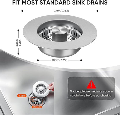 Upgraded 3 in 1 Kitchen Sink Drain Strainer & Sink Stopper, 304 Stainless Steel