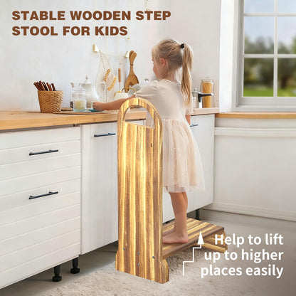 Wooden One Step Stool with Handle, 6" Height Wooden Step for Bathroom/Kitchen, Solid Wooden Step with Semicircle feet for Elderly, Adults, Kids to Get in & Out of Bed Easily(440LBs Capacity)