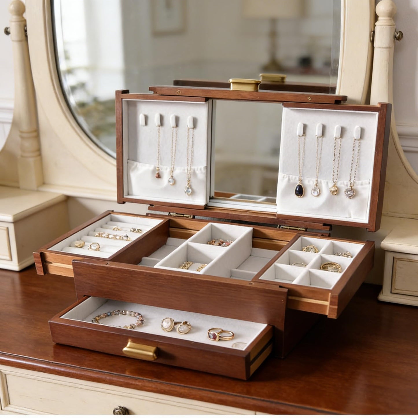FMYSUSUXY Jewelry Box Solid Wood Jewelry Box Jewelry Ring Necklace Watches Earrings And Other Multi-style Storage Organizer Girl Wife Mother Gifts
