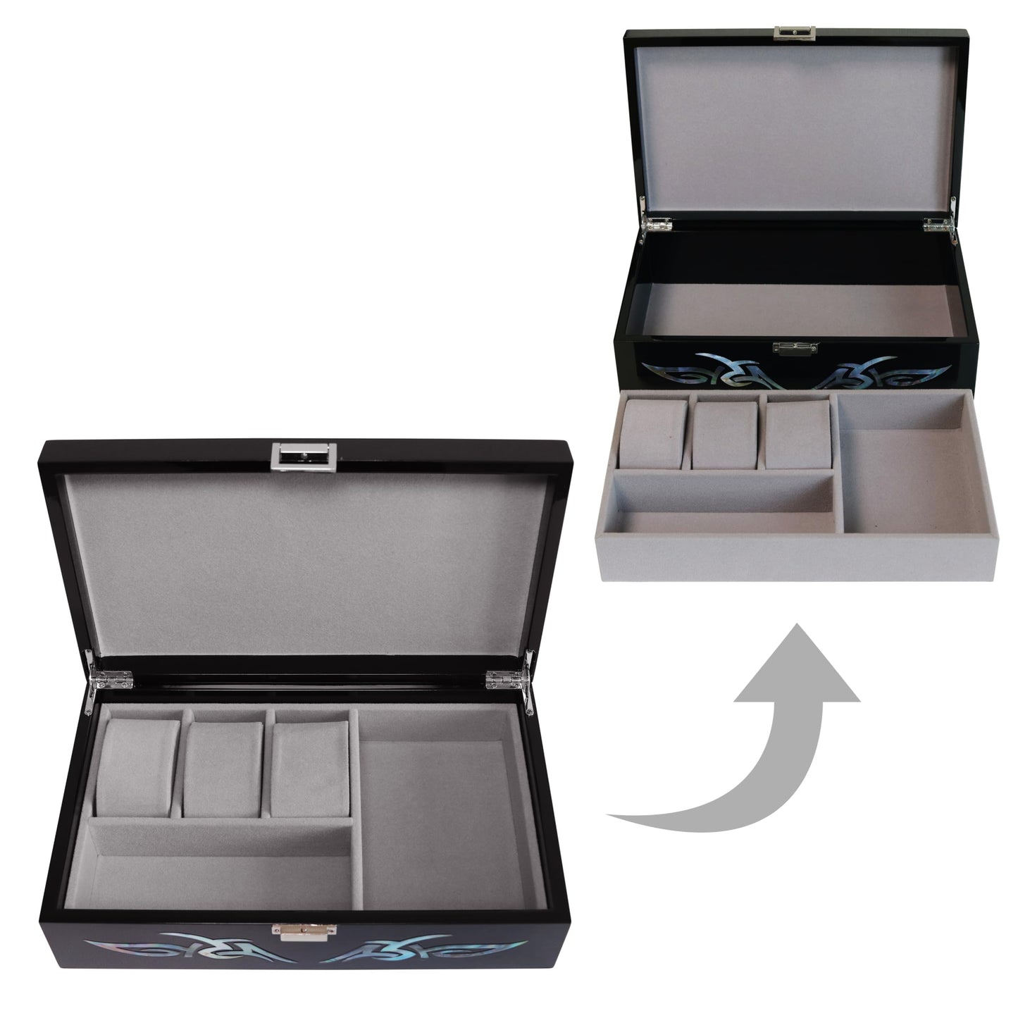 MADDesign Mother of Pearl Watch Box Jewelry Organizer Daily Storage Handmade Tribal Dragon Design (Black)