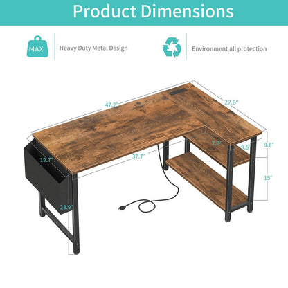 Lufeiya L Shaped Computer Desk with Power Outlet Shelves, 47 Inch Corner Desk for Home Office Bedroom, L-Shaped Study Writing Working PC Desks, Rustic Brown